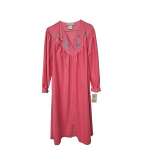 Vtg Women's Robe Size Medium 12-14 Pink Long Sleeve Zip Front Embroidered NWT